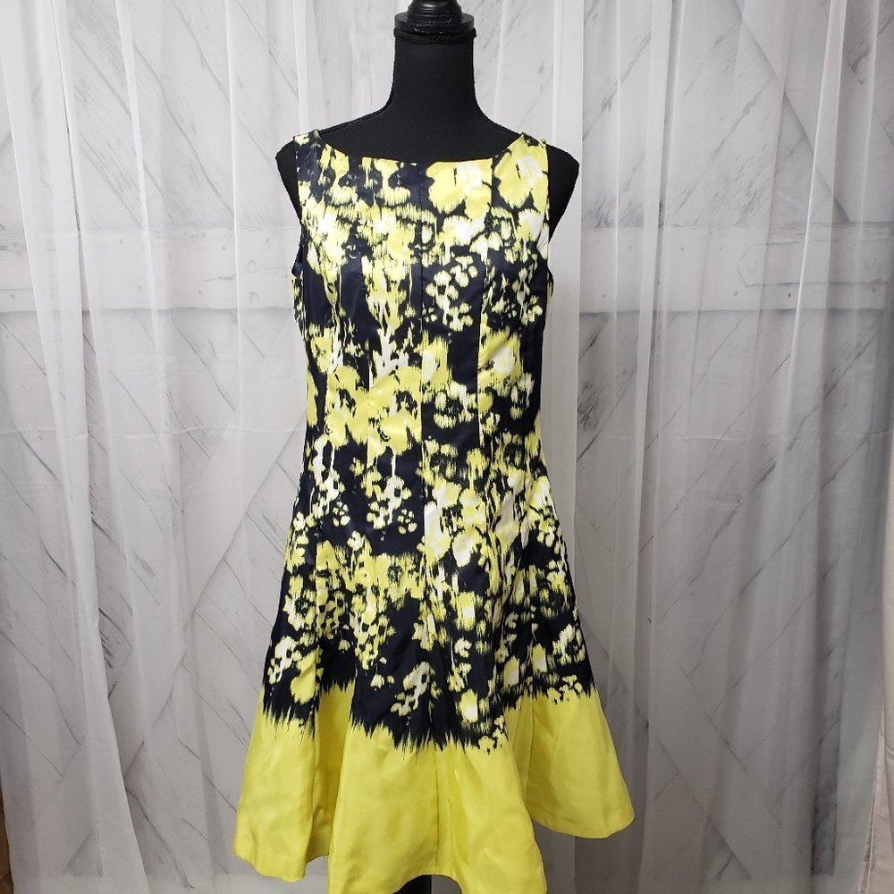 Gabby Skye Yellow and Black Floral Fit-and-Flare Dress